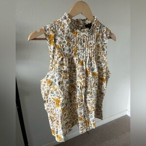 J. Crew Ruffled Neck Pintuck Floral Sleeveless Blouse
